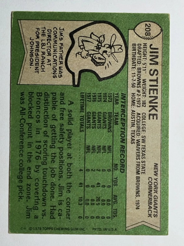 1978 Topps #208 Jim Stienke (VGEX)