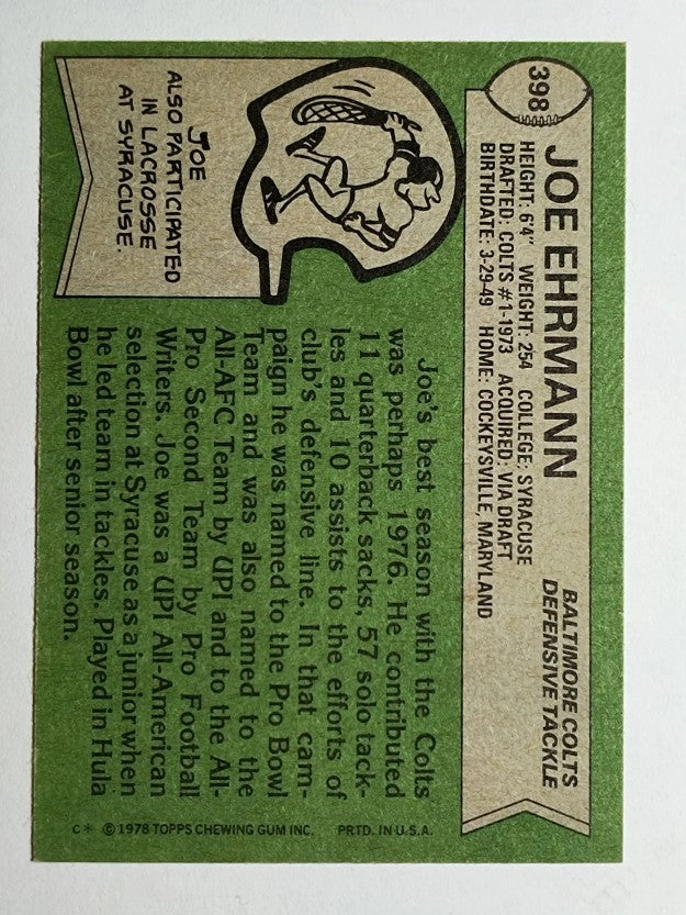 1978 Topps #398 Joe Ehrmann (EXMT)