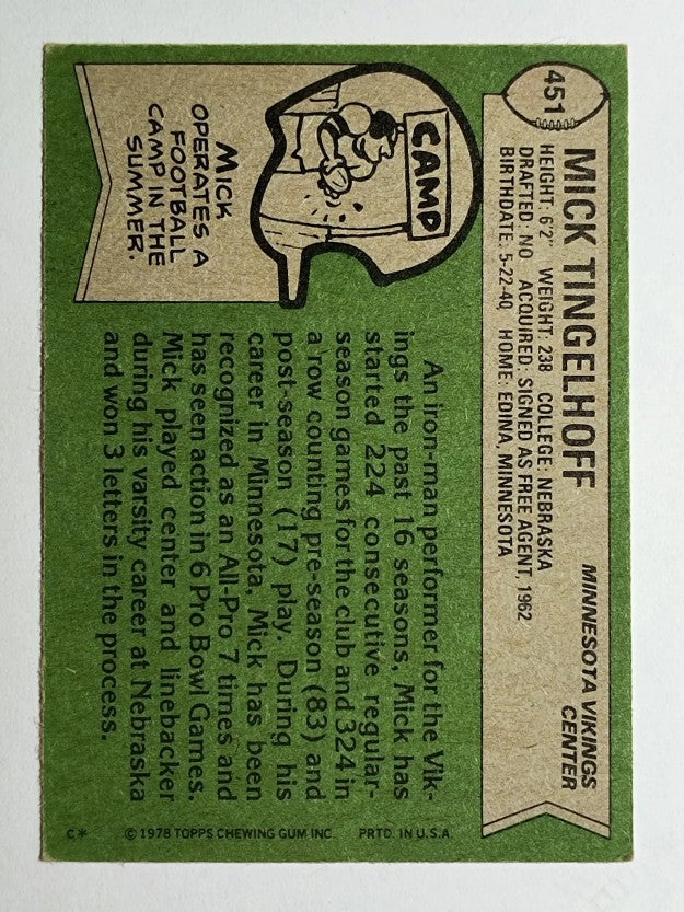 1978 Topps #451 Mick Tingelhoff (VGEX)