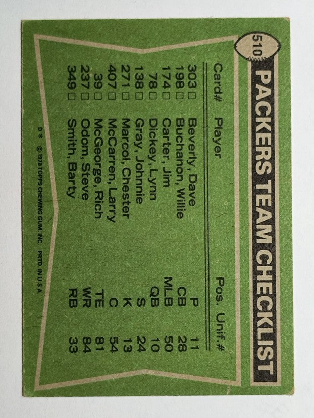 1978 Topps #510 Packers TL/Barty Smith/Steve Odom/Steve Luke/Dave Roller (EX)