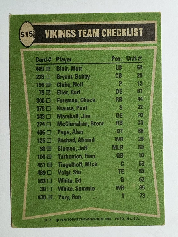 1978 Topps #515 Vikings TL/Foreman/Sammie White/Bobby Bryant/Carl Eller (VG)