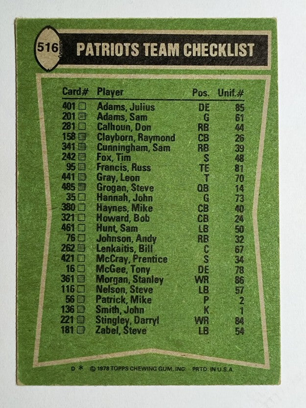 1978 Topps #516 Patriots TL/Sam Cunningham/Darryl Stingley/Mike Haynes (GOOD)