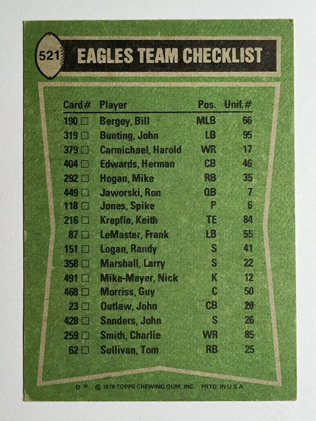 1978 Topps #521 Eagles TL/Mike Hogan/Harold Carmichael/John Sanders/Burnham (VG)