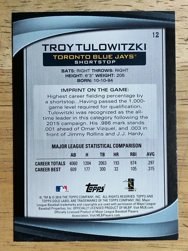 2016 Topps Gold Label Class 1 #12 Troy Tulowitzki