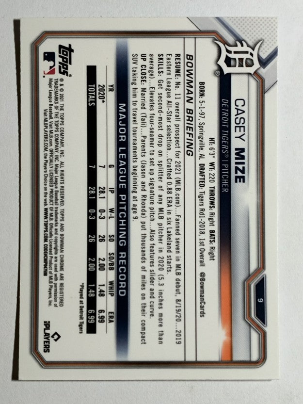 2021 Bowman Chrome #9 Casey Mize RC