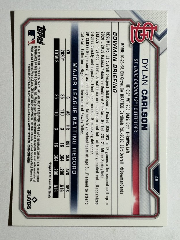 2021 Bowman Chrome #45 Dylan Carlson RC