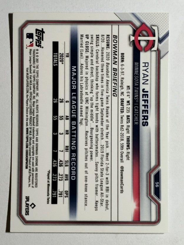 2021 Bowman Chrome #56 Ryan Jeffers RC