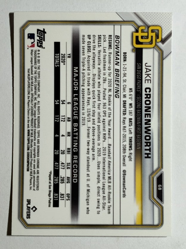 2021 Bowman Chrome #68 Jake Cronenworth RC
