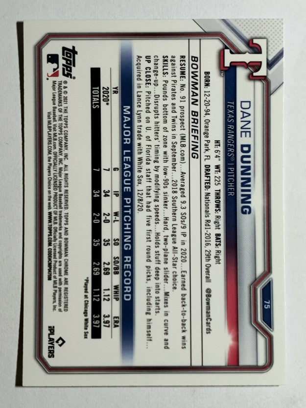 2021 Bowman Chrome #75 Dane Dunning RC