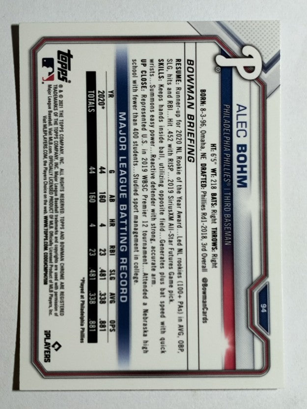 2021 Bowman Chrome #94 Alec Bohm RC (NM)
