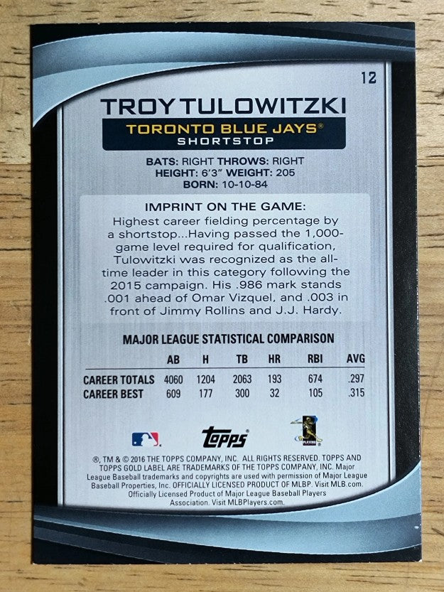 2016 Topps Gold Label Class 1 #12 Troy Tulowitzki