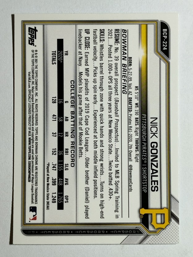 2021 Bowman Chrome Mega Box Prospects Refractors #BCP224 Nick Gonzales