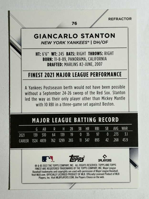 2022 Finest Refractors #76 Giancarlo Stanton