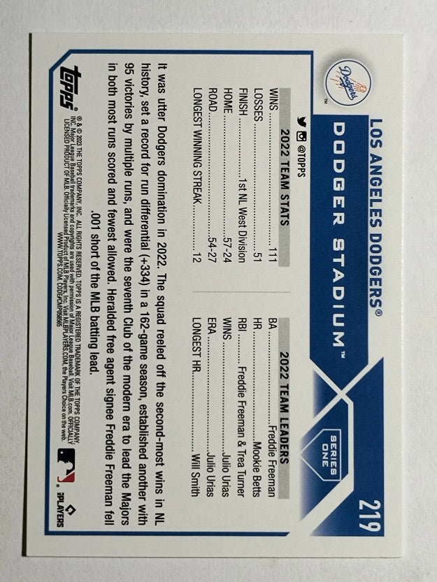 2023 Topps #219 Los Angeles Dodgers TC