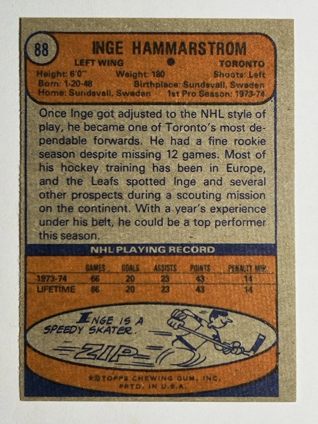 1974-75 Topps #88 Inge Hammarstrom RC (NM)