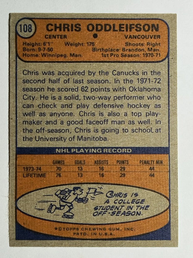 1974-75 Topps #108 Chris Oddleifson RC (EXMT)