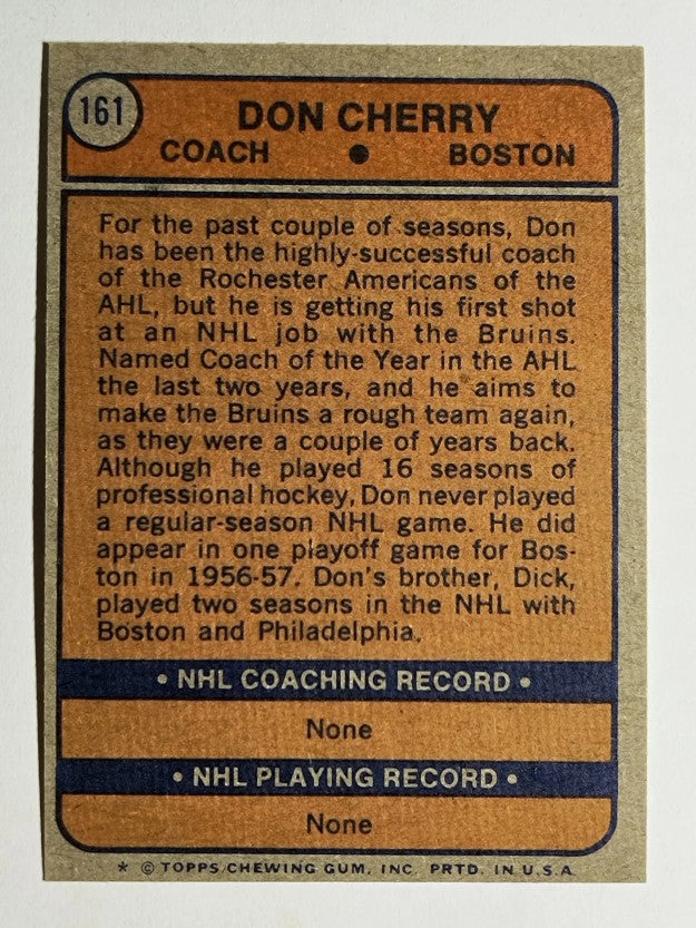 1974-75 Topps #161 Don Cherry CO RC (NMMT)