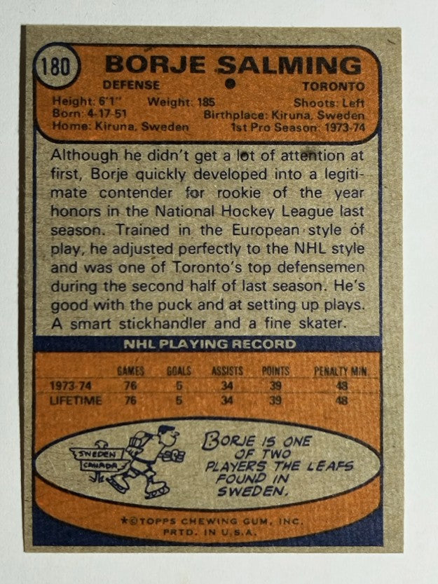 1974-75 Topps #180 Borje Salming RC (NMMT)