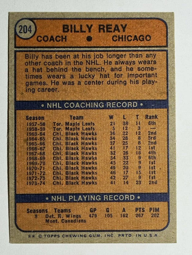 1974-75 Topps #204 Billy Reay CO (EXMT)