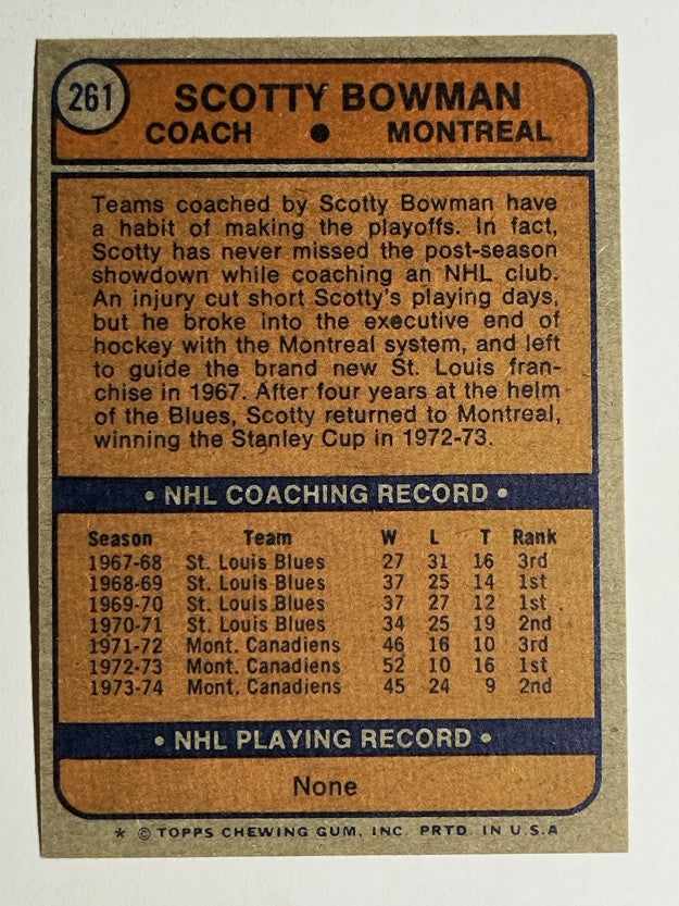 1974-75 Topps #261 Scotty Bowman CO RC (NM)