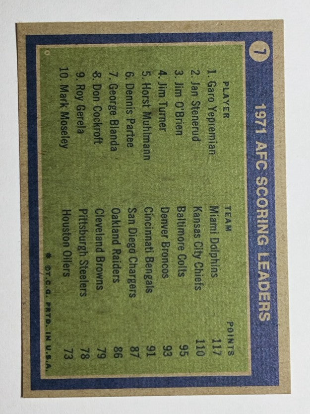 1972 Topps #7 AFC Scoring Leaders/Garo Yepremian/Jan Stenerud/Jim O'Brien (NM)