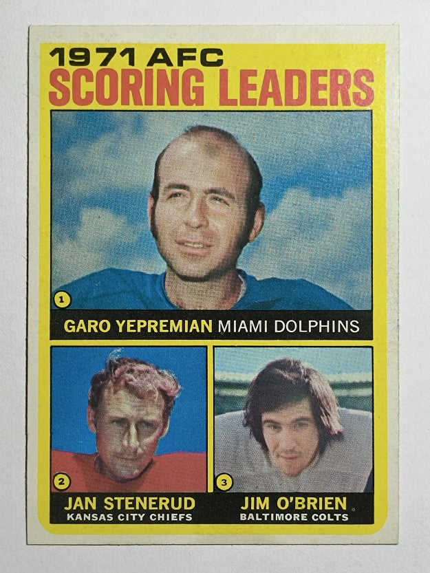1972 Topps #7 AFC Scoring Leaders/Garo Yepremian/Jan Stenerud/Jim O'Brien (NM)