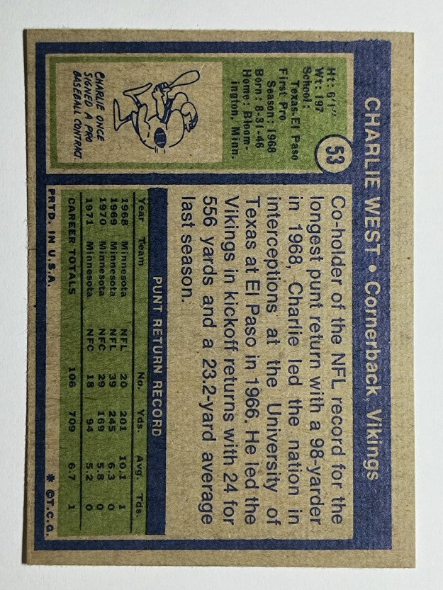 1972 Topps #53 Charlie West RC (EXMT)