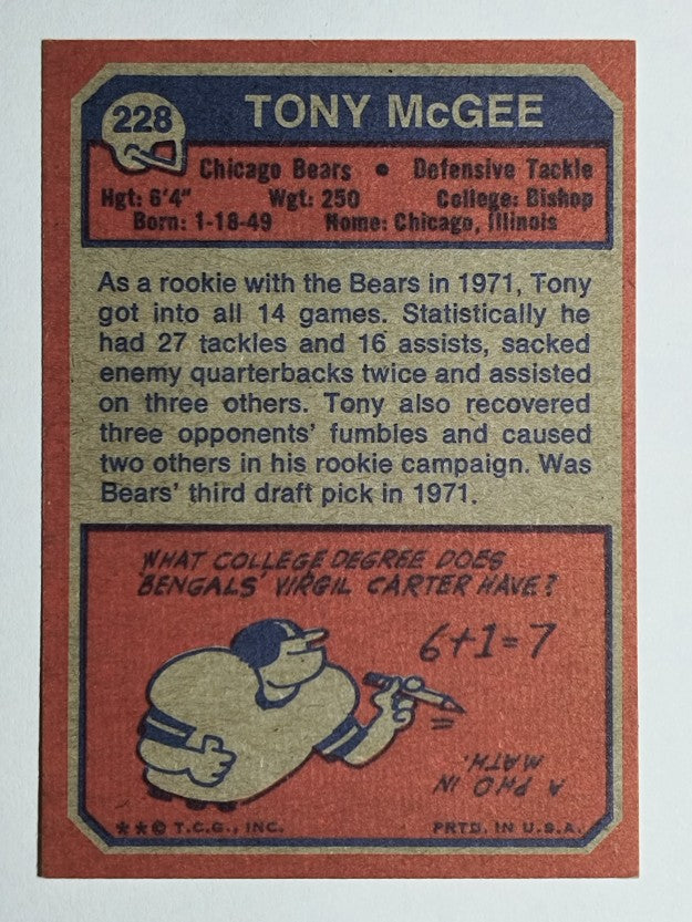 1973 Topps #228 Tony McGee DT RC (NM)