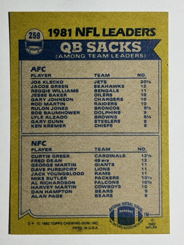 1982 Topps #259 QB Sack Leaders/Joe Klecko/Curtis Greer