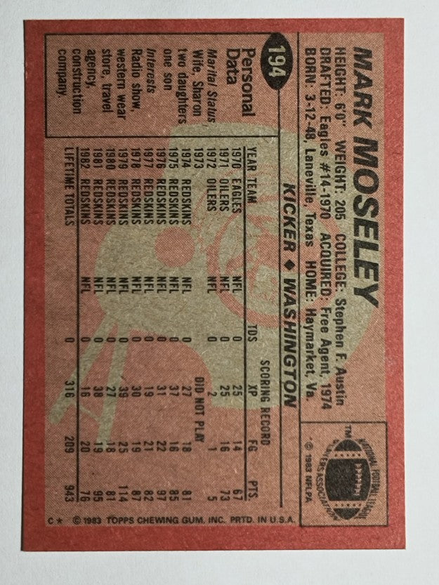 1983 Topps #194 Mark Moseley