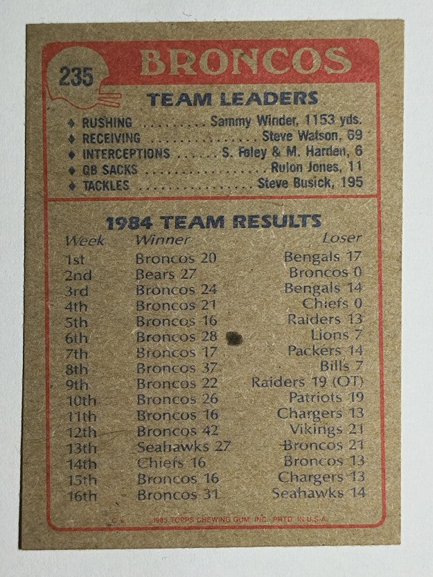 1985 Topps #235 Denver Broncos TL/Sammy Winder/John Elway (EXMT)