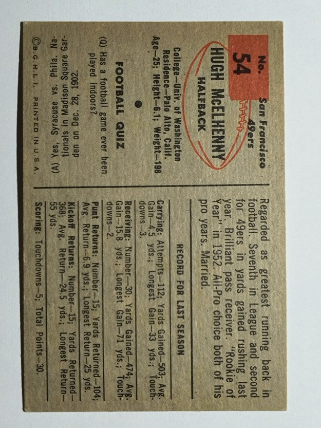 1954 Bowman #54 Hugh McElhenny (EXMT)