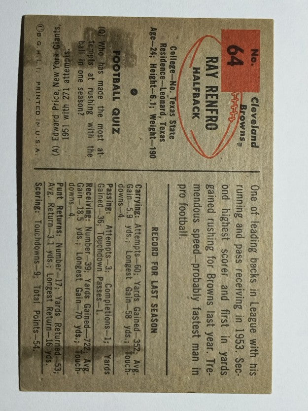 1954 Bowman #64 Ray Renfro (EX)
