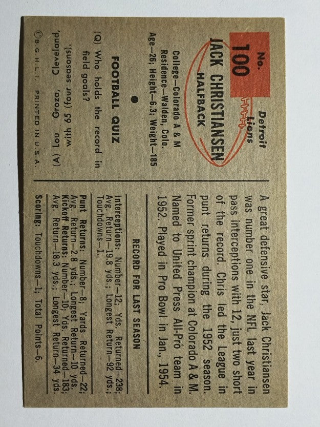 1954 Bowman #100 Jack Christiansen (EXMT)