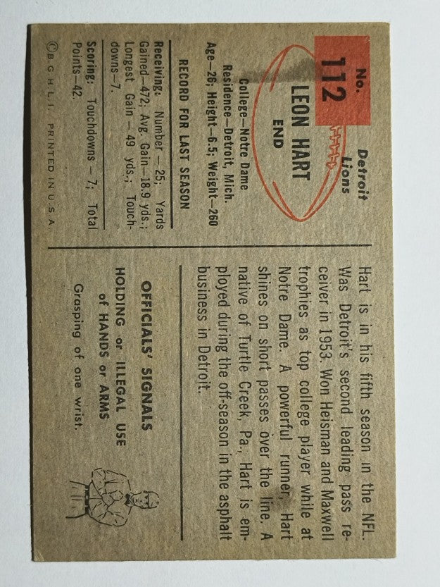 1954 Bowman #112 Leon Hart (VGEX)