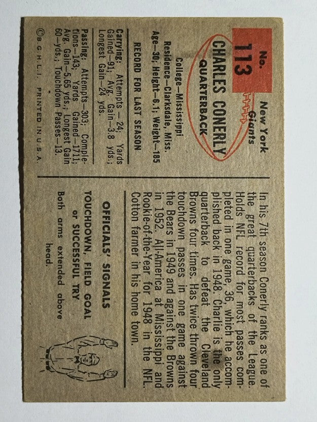 1954 Bowman #113 Charley Conerly (VG)