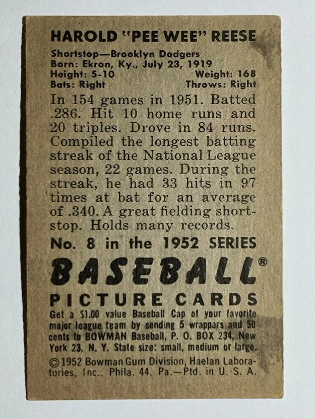 1952 Bowman #8 Pee Wee Reese (EX)