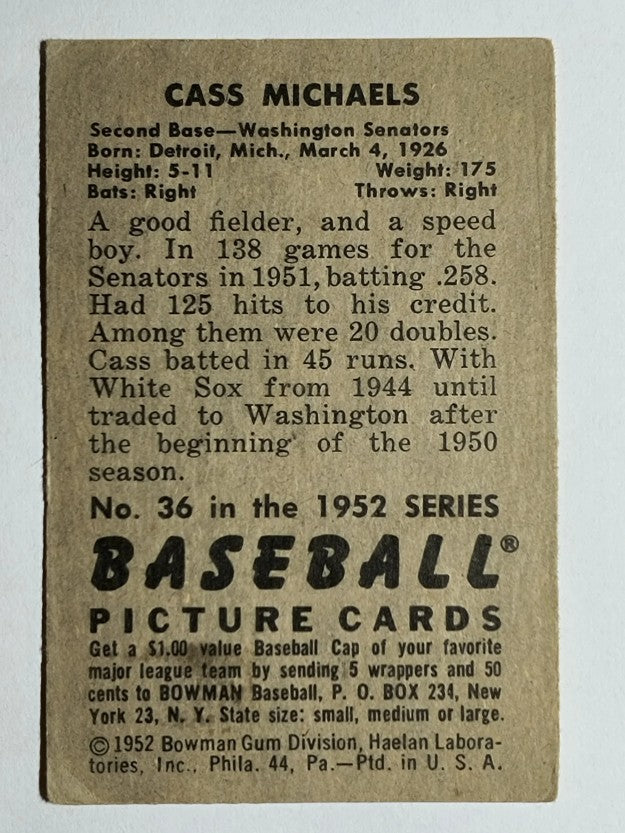 1952 Bowman #36 Cass Michaels (VGEX)