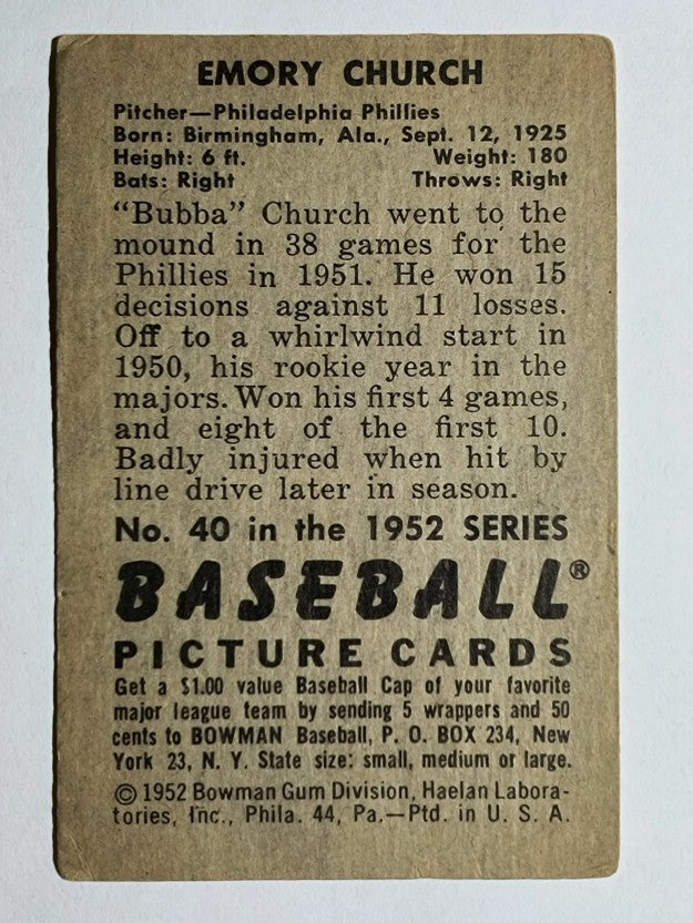 1952 Bowman #40 Bubba Church (VGEX)