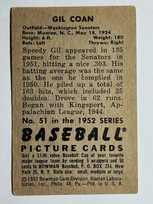 1952 Bowman #51 Gil Coan (VGEX)