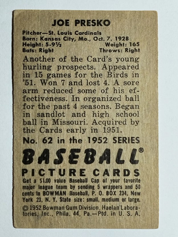 1952 Bowman #62 Joe Presko RC (VGEX)