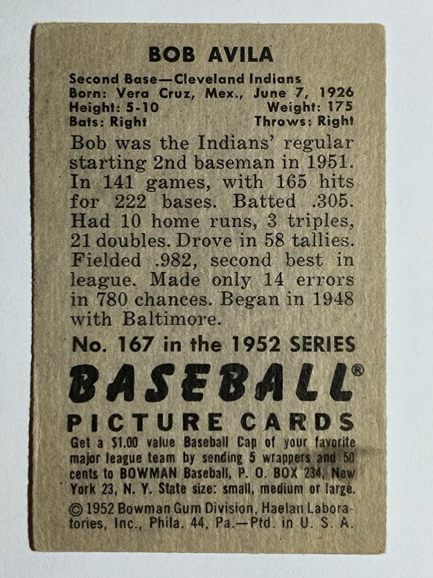 1952 Bowman #167 Bobby Avila (VG)