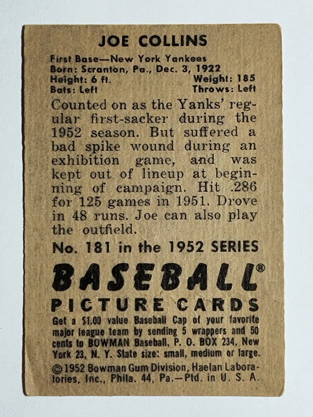 1952 Bowman #181 Joe Collins RC (trimmed)