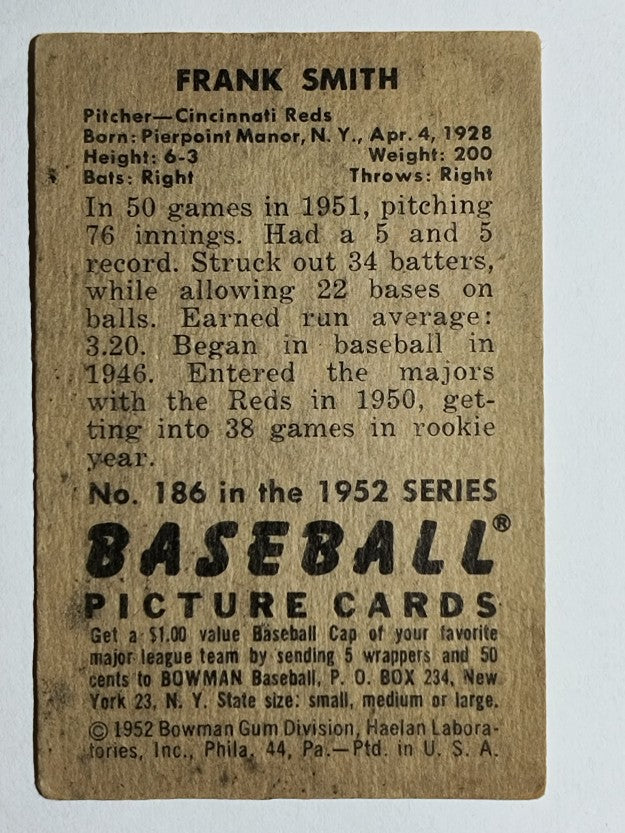 1952 Bowman #186 Frank Smith RC (VG)