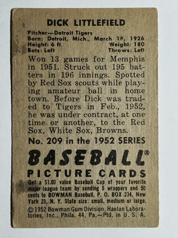 1952 Bowman #209 Dick Littlefield RC (VGEX)