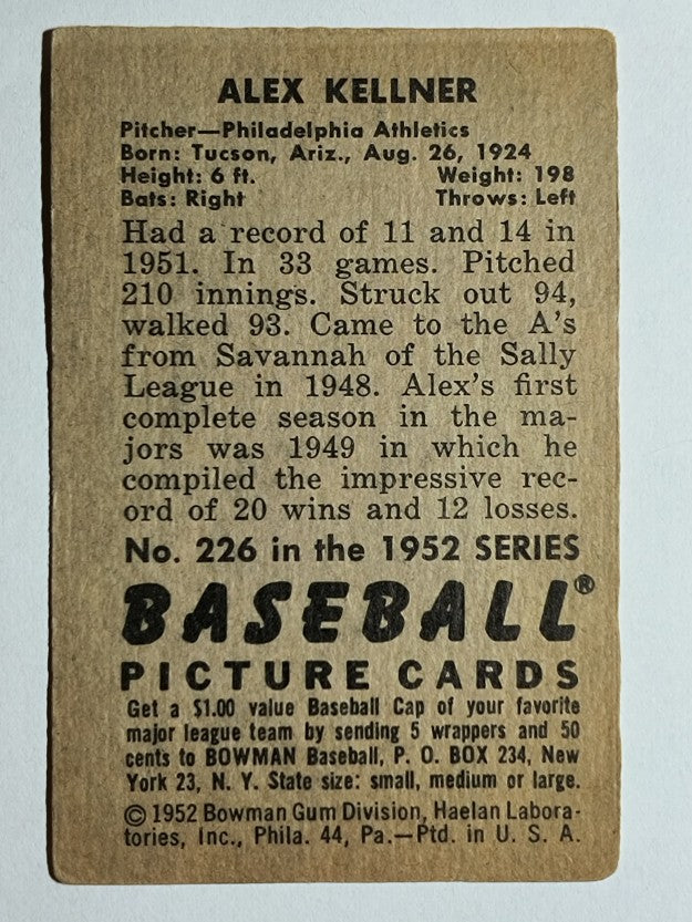 1952 Bowman #226 Alex Kellner (VGEX)