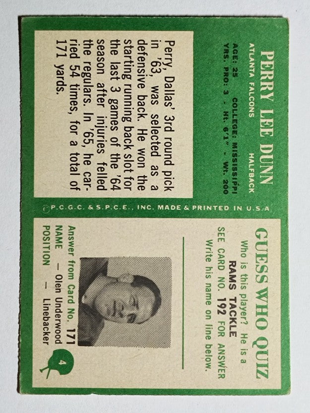 1966 Philadelphia #4 Perry Lee Dunn RC (VGEX)