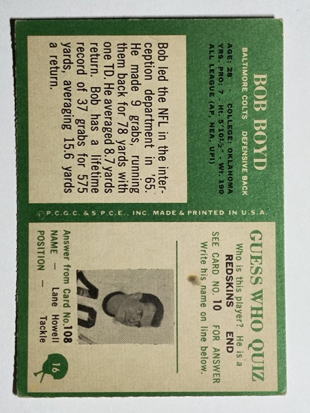 1966 Philadelphia #16 Bob Boyd DB (VG)