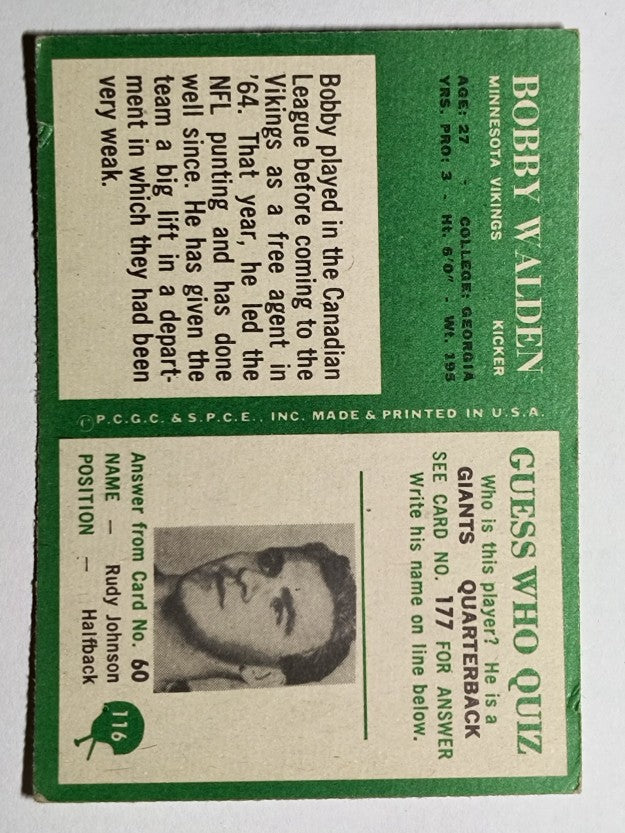 1966 Philadelphia #116 Bobby Walden RC (VGEX)