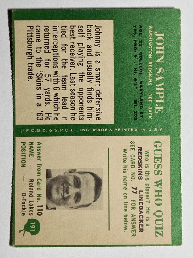 1966 Philadelphia #191 Johnny Sample (VGEX)